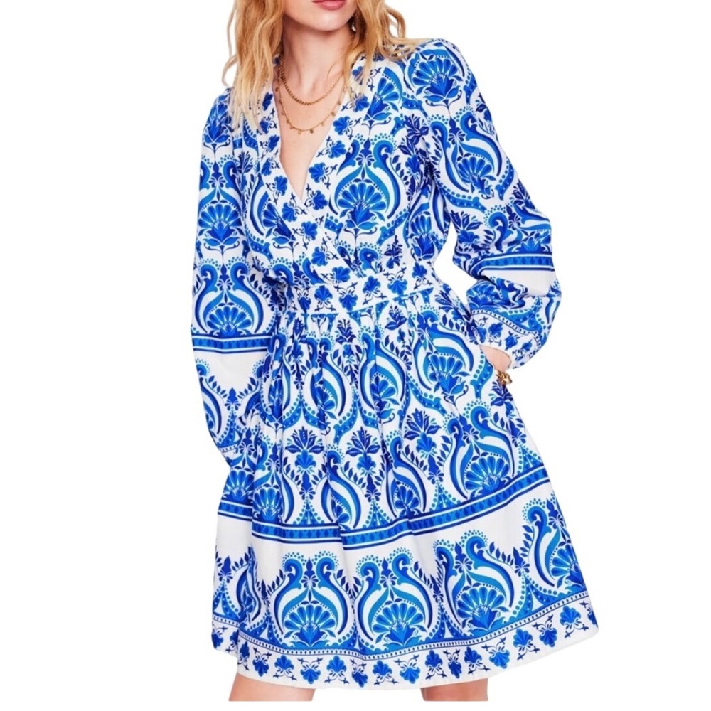 Boden Mya Cotton Short Dress Blue White Damask Paisley Puff Sleeve D1253